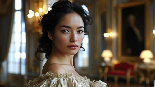 Elegant Woman in Historical Dress | Grand Chamber with Marble Floors