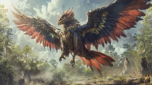 Mythical Phoenix in Forest Landscape