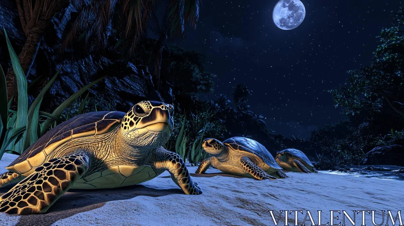 Sea Turtles Resting on Beach at Night