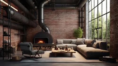 Industrial Style Living Room with Red Fireplace - Interior Design Photo