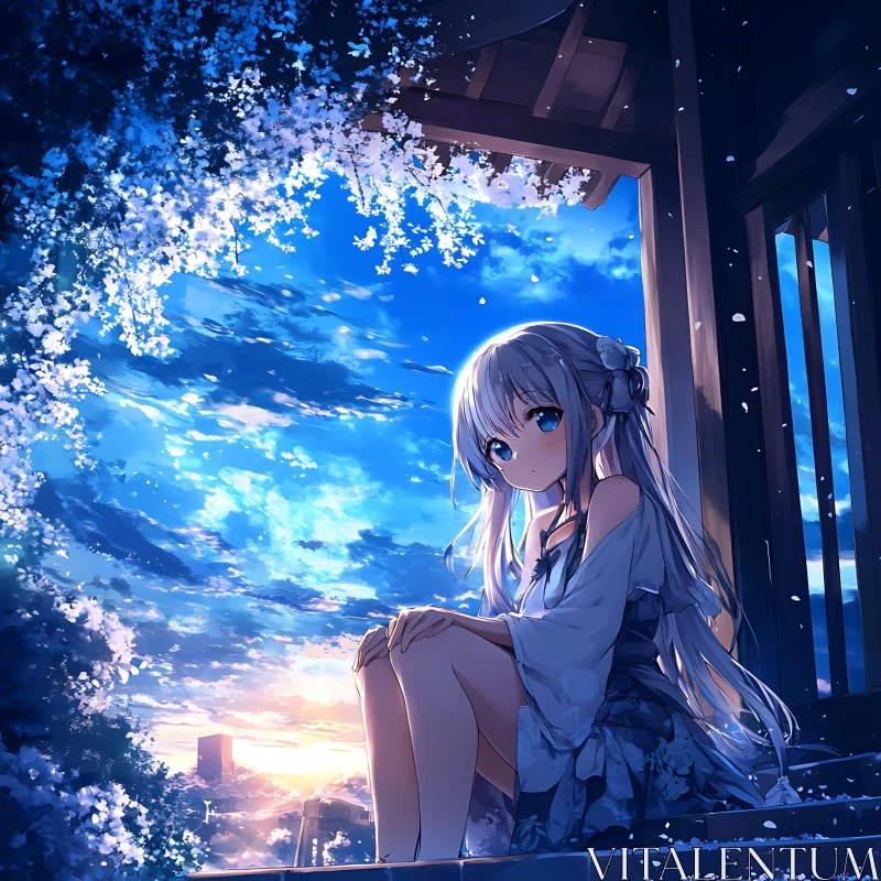 Anime Girl at Sunset with Blossoms