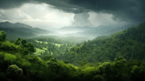 Rainy Forest Scene with Storm Clouds Over Green Mountains