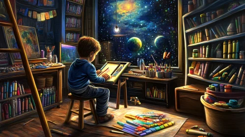 Boy's Universe Drawing in Art Room