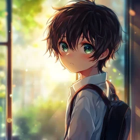 Sunlit Anime School Boy with Backpack