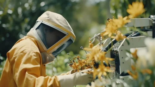 Bee Apiarist Amidst Vibrant Flowers - A Tale in Yellow
