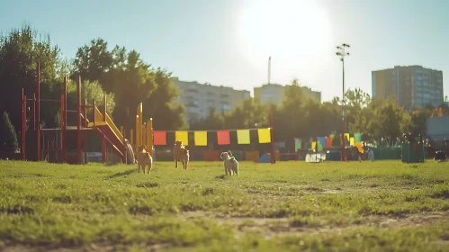 Sunny Park with Dogs and Colorful Playground