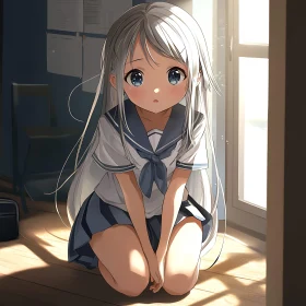 Sunlit Anime Girl in School Uniform Kneeling Indoors