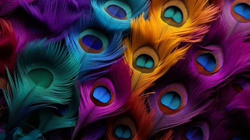 Colorful Peacock Feathers on Patterned Background