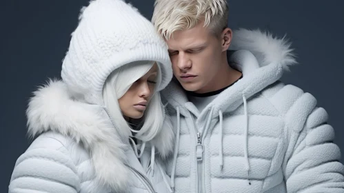 Captivating Winter Fashion Shoot: Man and Woman in White Fur and Fleece Jackets