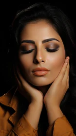 Serene Portrait of a Woman with Long Dark Hair and Brown Makeup