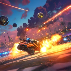 Explosive Car Soccer Stadium at Dusk