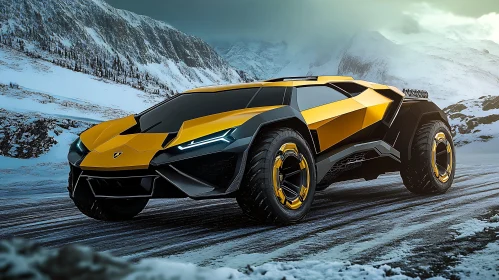 Yellow SUV Amidst Snowy Peaks
