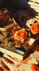 Romantic Still Life Composition: Book, Pillow, Vase, Eyeshadow in a Box