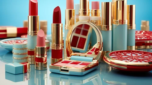 Glamorous Makeup and Cosmetic Products on a Vibrant Blue Surface