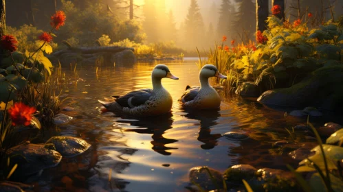 Two Ducks Swimming in Autumn Forest - Norwegian Nature Artwork