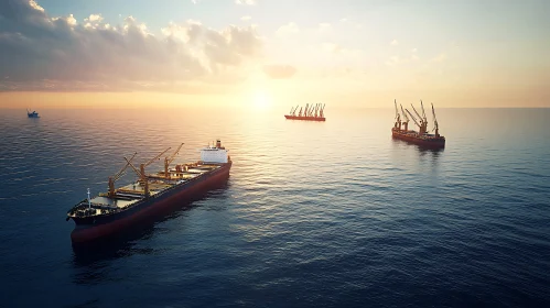Serene Maritime Scene with Cargo Ships at Sunset