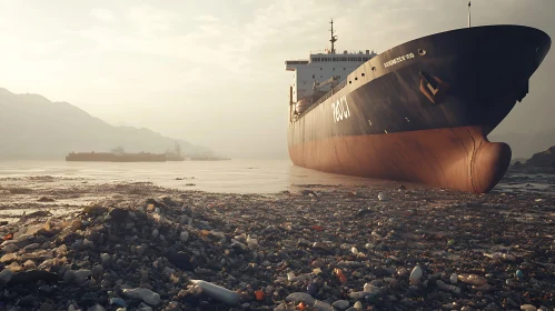 Pollution Surrounding Cargo Ship at Golden Hour