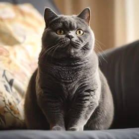 Plump Gray Feline on Floral Cushioned Chair
