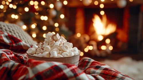 Cozy Winter Scene: Hot Chocolate, Fireplace, and Blanket