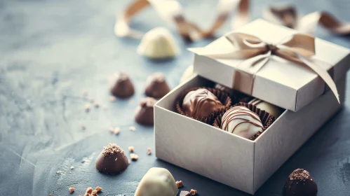 Close-up of a White Box of Chocolates with Gold Ribbon and Bow