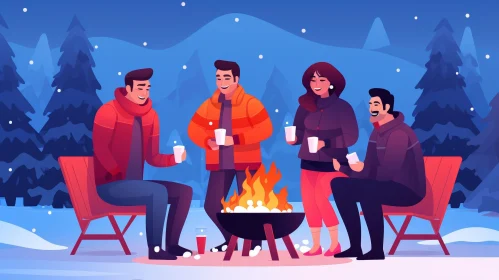 Winter Bonfire with Friends in Snowy Forest