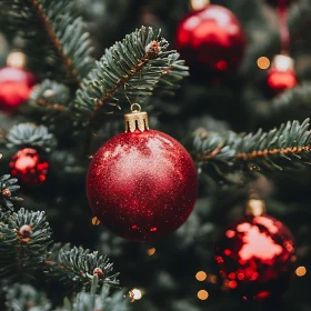 Festive Red Baubles on Christmas Tree