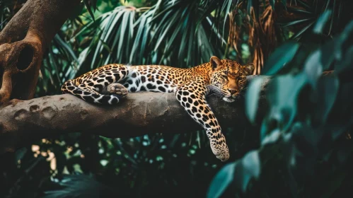 Graceful Leopard Resting on Tree Branch in Lush Tropical Forest