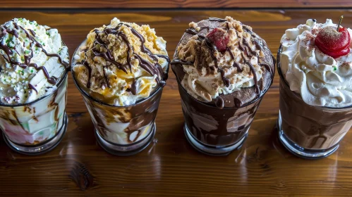 Delicious Milkshakes on Wooden Table | Whipped Cream & Chocolate Sauce