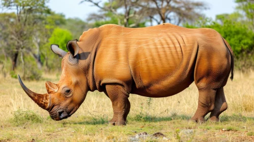 Powerful Rhinoceros Grazing in Grassy Field