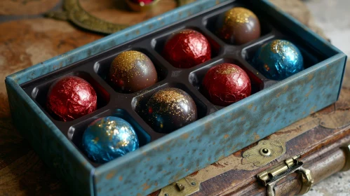 Close-up of a Blue Leather Box with Nine Chocolates