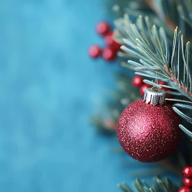 Festive Red Christmas Ball on Pine Tree