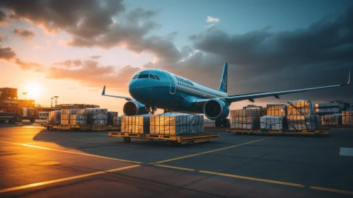 Sunset Airport Scene with Airplane and Cargo