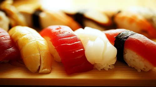 Delicious and Fresh Sushi Close-up on a Wooden Board