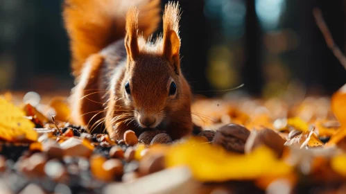 Brown Squirrel on Fallen Leaves - Nature Photography