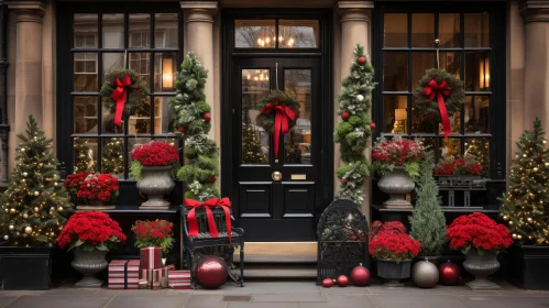 Festive Christmas Window Display with Crimson and Black Decor