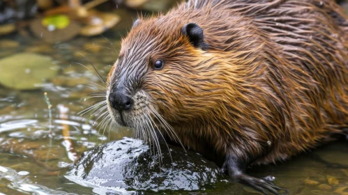 Brown Beaver Sitting on Rock in Water - Captivating Wildlife Photography