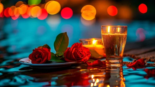 Tranquil Still Life: Lit Candle and Red Roses on White Plate