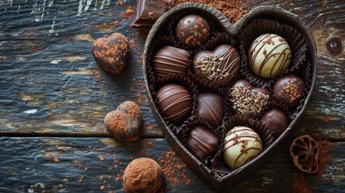 Heart-Shaped Box of Chocolates: Delightful Assortment on a Wooden Table