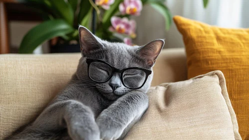 Grey Cat Sleeping with Glasses