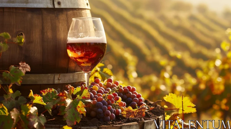 Still Life: Glass of Red Wine and Grapes on Wooden Barrel in a Vineyard
