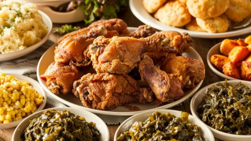 Delicious Fried Chicken Feast on Rustic Wooden Table