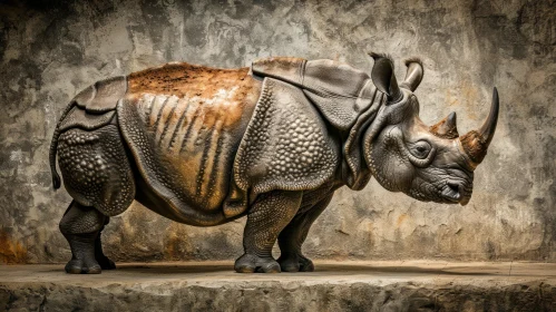 Majestic Rhinoceros on Stone Platform against Grey Stone Wall
