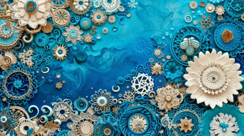 Exquisite Blue Textured Background with Three-Dimensional Flowers and Butterflies