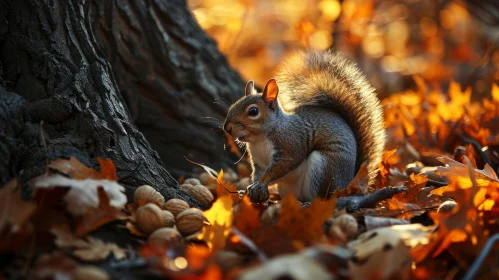 Close-up of a Gray Squirrel on Fallen Leaves