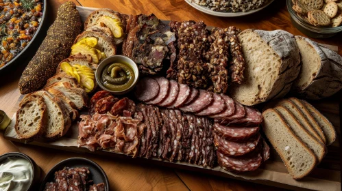 Delicious Charcuterie Board with Cured Meats, Breads, and Pickles