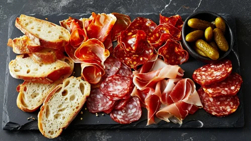 Delicious Charcuterie Board with Cured Meats, Bread, and Pickles