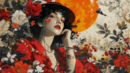 Captivating Portrait of a Woman in a Red Dress with Floral Pattern
