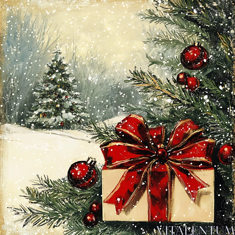 Festive Christmas Tree with Snow and Gift Box