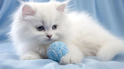 White Kitten Playing with Blue Ball - Cozy Friendship Scene