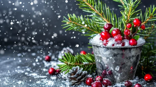 Winter Scene with Cranberries in a Metal Bucket
